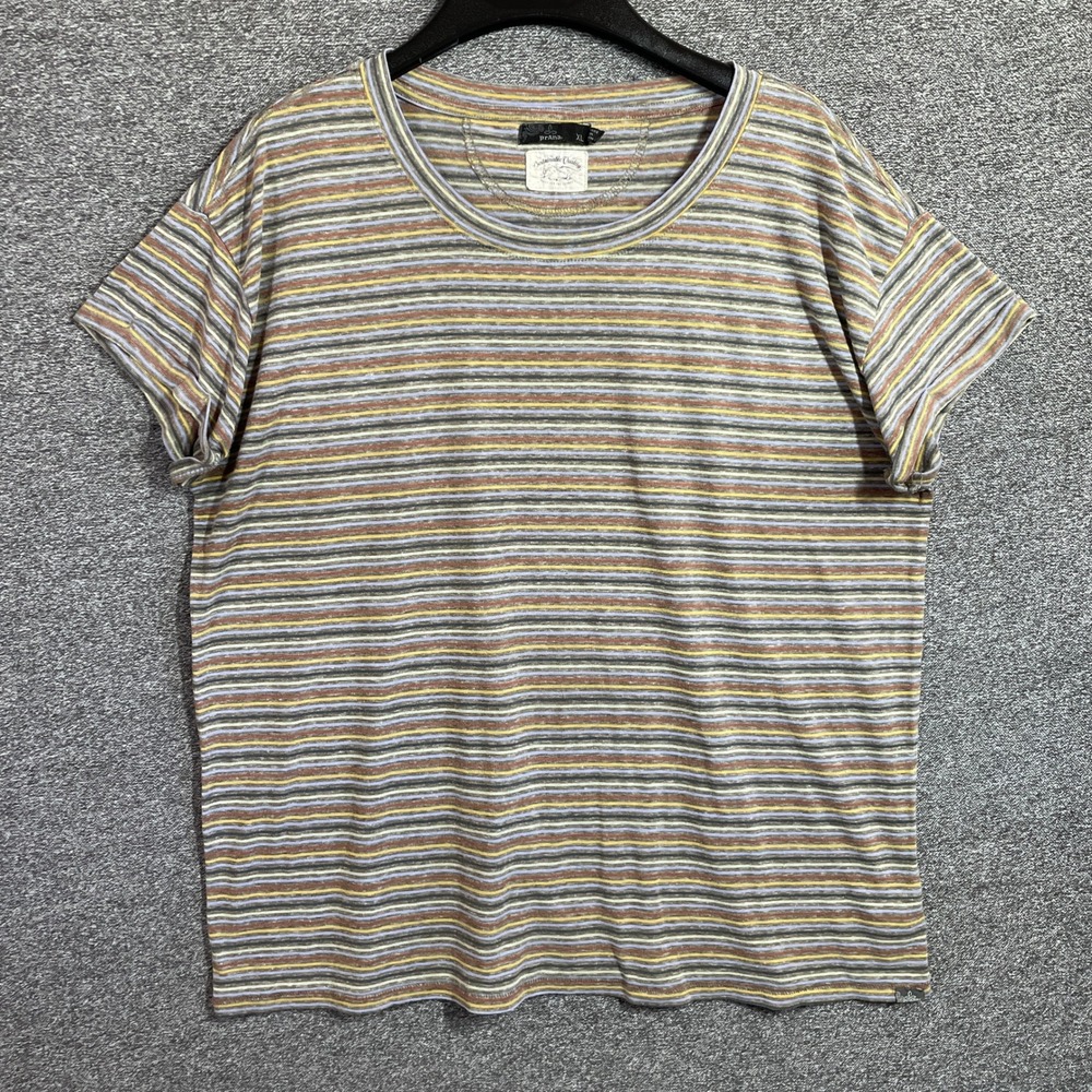 Prana Shirt Womens XL Hemp Blend Striped Short Sleeve Crew Neck Relaxed Fit Tee